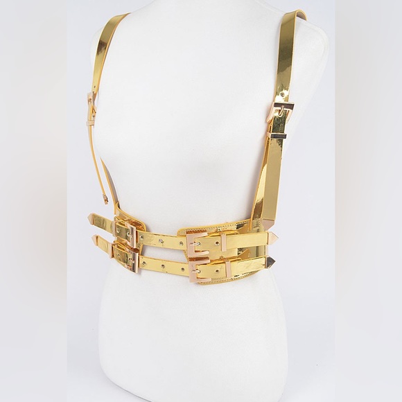Plus Size Metallic Gold Vegan Leather Harness Waist Belt - Picture 4 of 7